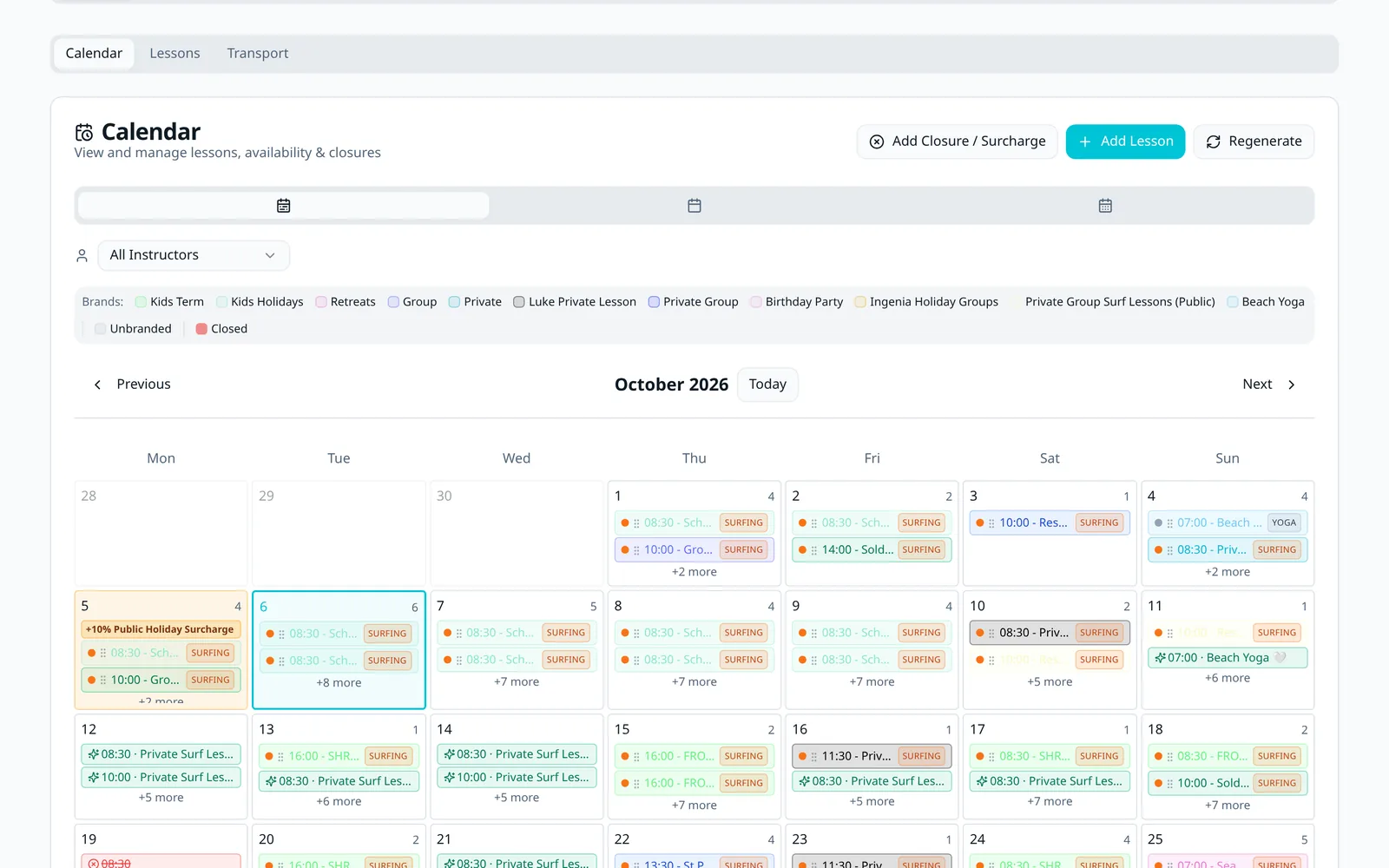 SurfSlot dashboard calendar showing a month of surf lessons, surcharges and closures