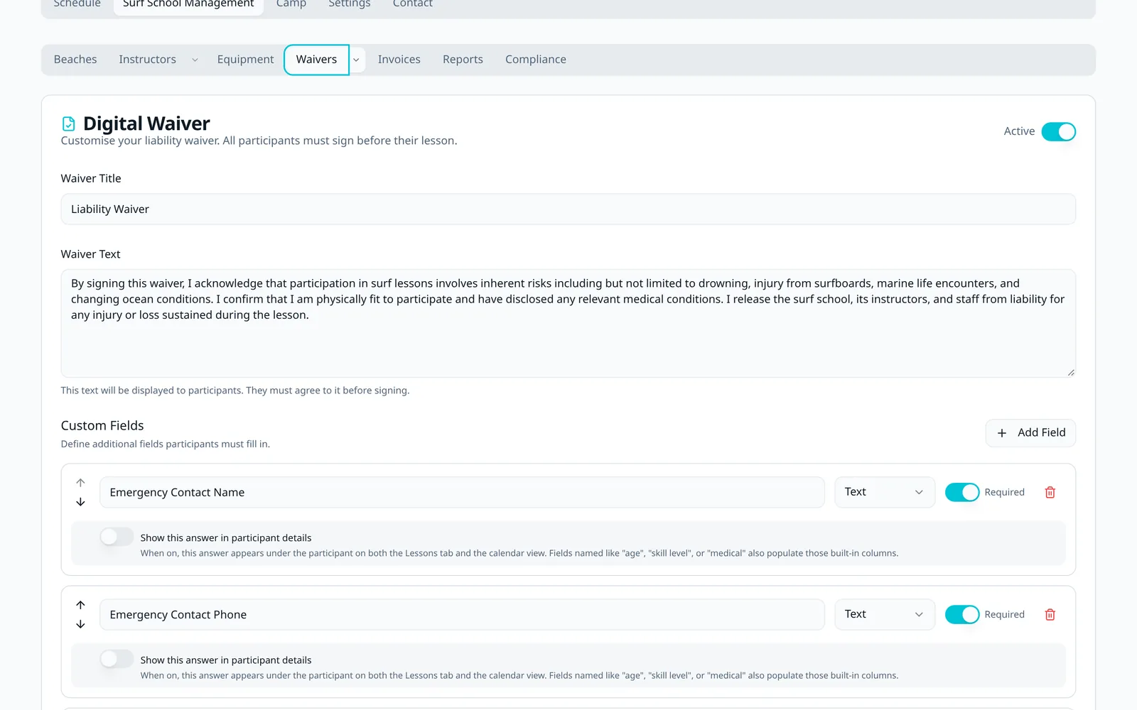 SurfSlot digital waiver editor with custom required fields