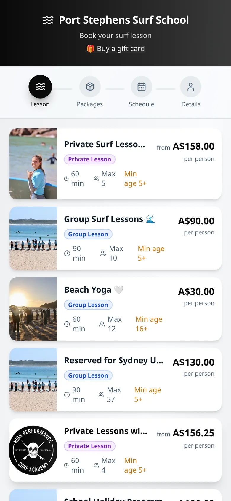 SurfSlot customer booking page on a phone, listing surf lessons with prices