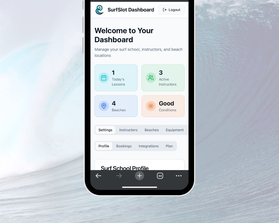 SurfSlot surf school management dashboard showing bookings, lessons and instructor scheduling